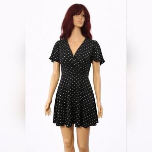 Express Polka Dot Flutter Sleeve Fit & Flare Dress - Black Size 0